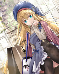 Rule 34 | 1girl, akatsuki hijiri, artoria caster (fate), artoria pendragon (fate), bag, beret, blonde hair, blue dress, blue hat, blush, breasts, brown thighhighs, cernunnos (fate), dress, fate/grand order, fate (series), green eyes, hat, highres, long hair, long sleeves, looking at viewer, shirt, shoulder bag, sitting, small breasts, solo, stuffed toy, thighhighs, thighs, twintails