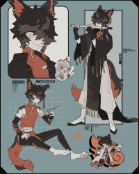 Rule 34 | 1boy, aak (arknights), animal ear piercing, arknights, barcode, black gloves, black pants, bottle, cat boy, chibi, claws, fingerless gloves, flute, full body, furry, furry male, gloves, grin, hair over one eye, highres, holding, holding bottle, holding instrument, holding needle, instrument, male focus, multiple views, music, needle, pants, pawpads, pill, playing instrument, red shirt, shirt, shoes, short hair, sign, sirakaro, slit pupils, smile, sneakers, tassel, translation request, warning sign, white pants, wide sleeves