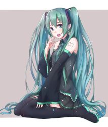 Rule 34 | 1girl, a5125924, bad id, bad pixiv id, boots, detached sleeves, echj, green eyes, green hair, hatsune miku, long hair, matching hair/eyes, necktie, open mouth, sitting, skirt, solo, thigh boots, thighhighs, twintails, very long hair, vocaloid, wariza
