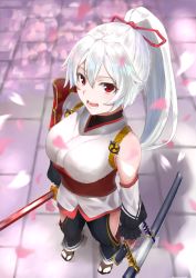 Rule 34 | 1girl, absurdres, cherry blossoms, fate/grand order, fate (series), from above, full body, highres, holding, holding weapon, looking at viewer, open mouth, red eyes, solo, standing, sword, takubon, thighs, tile floor, tiles, tomoe gozen (fate), weapon