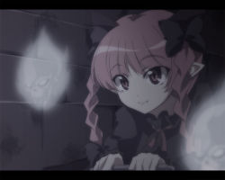 Rule 34 | 1girl, :3, animal ears, anime coloring, braid, cat ears, cat girl, dark, extra ears, face, fake screenshot, fang, female focus, floating skull, ghost, hair ribbon, kaenbyou rin, letterboxed, monochrome, pointy ears, red eyes, red hair, ribbon, skull, solo, tooya, touhou, touya (the-moon), tunnel, twin braids, twintails