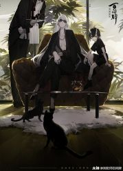 Rule 34 | 1girl, 2boys, absurdres, ahoge, alcohol, animal, arm on knee, arm support, armchair, black bow, black cat, black footwear, black hair, black jacket, black neckwear, black pants, black shirt, black shorts, black suit, boots, bottle, bow, bowtie, breasts, breasts apart, butler, cat, chain necklace, chair, chinese commentary, chinese text, clenched hand, closed mouth, coffee table, collarbone, commentary request, copyright name, crossed bangs, crossed legs, cup, day, drinking glass, drop earrings, earrings, fish, fishbowl, flats, formal, fur rug, gem, gloves, gradient hair, hand on own knee, head out of frame, highres, holding, holding tray, horns, indoors, jacket, jacket on shoulders, jewelry, knee up, leaning forward, long hair, long sleeves, looking at viewer, looking down, medium breasts, multicolored hair, multiple boys, necklace, nine (liuyuhao1992), official art, oni horns, onmyoji, pale skin, pants, plunging neckline, puffy long sleeves, puffy sleeves, red hair, ribbed legwear, ring, round eyewear, second-party source, shirt, short hair, short sleeves, shorts, simplified chinese text, sitting, slit pupils, socks, split mouth, standing, suit, sunglasses, suzuka gozen (onmyoji), table, towel, towel on arm, translation request, tray, tree, tsurime, v-shaped eyes, very long hair, watermark, white gloves, white hair, white legwear, white shirt, window, wine, wine bottle, wine glass, wooden floor, yellow eyes