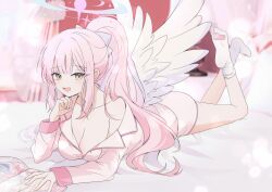 Rule 34 | 1girl, absurdres, angel wings, blue archive, book, breasts, cleavage, feathered wings, highres, large breasts, long hair, long sleeves, looking at viewer, mika (blue archive), open book, open mouth, pajamas, pink hair, pink pajamas, ponytail, seno (senohime), smile, solo, white wings, wings, yellow eyes