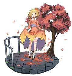 Rule 34 | 1girl, :d, absurdres, aki shizuha, autumn leaves, blonde hair, clothes lift, commentary request, facing viewer, fps, full body, glowing, hair ornament, highres, leaf hair ornament, long sleeves, looking at viewer, mary janes, open mouth, orange eyes, orange skirt, orange vest, railing, shoes, short hair, simple background, skirt, skirt basket, skirt lift, skirt set, smile, solo, tile floor, tiles, touhou, tree, vest, white background