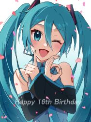 Rule 34 | 1girl, ;d, black sleeves, blue background, blue eyes, blue hair, blue nails, blue necktie, cherry blossoms, collared shirt, detached sleeves, gradient background, grey shirt, hair ornament, hatsune miku, headphones, headset, highres, long hair, long sleeves, looking at viewer, microphone, nail polish, necktie, one eye closed, open mouth, petals, shirt, sleeveless, sleeveless shirt, smile, solo, supo01, twintails, upper body, very long hair, vocaloid, white background, wing collar