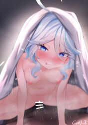 Rule 34 | 1boy, 1girl, bar censor, blue eyes, blue hair, breasts, censored, commentary request, completely nude, cowgirl position, drop-shaped pupils, furina (genshin impact), genshin impact, gmkj, hetero, heterochromia, highres, licking lips, light blue hair, looking at viewer, mismatched pupils, motion lines, multicolored hair, navel, nipples, nude, paid reward available, penis, pov, sex, signature, simple background, small breasts, squatting cowgirl position, straddling, sweat, symbol-shaped pupils, tongue, tongue out, under covers, white hair
