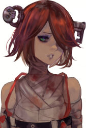 Rule 34 | 1girl, a.b.a, bags under eyes, bandaged chest, bandaged neck, bandages, bare shoulders, blood, blood on clothes, bloody bandages, guilty gear, guilty gear xx, hair over one eye, highres, key in head, levvellevvel, looking at viewer, object through head, red hair, short hair