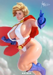 Rule 34 | absurdres, artnip, belt, breasts, cape, dc comics, covered erect nipples, flying, gloves, highres, large breasts, looking at viewer, one-piece swimsuit, power girl, sky, swimsuit, thighhighs, white one-piece swimsuit, wide hips