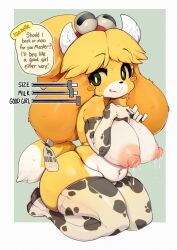 Rule 34 | 1girl, absurdres, animal crossing, animal print, barcode, blonde hair, blush stickers, breast slider, breasts, commentary, cow print, elbow gloves, english commentary, english text, flying sweatdrops, full body, furry, furry female, gloves, green background, green eyes, highres, isabelle (animal crossing), lactation, large breasts, long hair, looking at viewer, multicolored hair, nintendo, nipples, nude, orange hair, print gloves, print thighhighs, simple background, sitting, slugbox, solo, speech bubble, swimsuit, thighhighs, two-tone hair, wariza, white gloves, white thighhighs