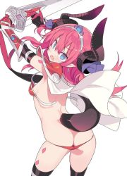 Rule 34 | 1girl, argyle, argyle clothes, argyle legwear, armor, ass, bikini, bikini armor, blade (galaxist), blush, breasts, butt crack, cape, cowboy shot, d:, elbow gloves, elizabeth bathory (brave) (fate), elizabeth bathory (fate), fang, fate/grand order, fate (series), from behind, gem, gloves, hair between eyes, hairband, hands up, holding, holding sword, holding weapon, horn ornament, horns, looking at viewer, looking back, loose bikini, lowleg, lowleg bikini, open mouth, pauldrons, pink hair, shoulder armor, simple background, skindentation, small breasts, solo, standing, swimsuit, sword, tail, thighhighs, vambraces, weapon, white background, white cape