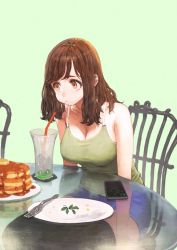 Rule 34 | 1girl, black thighhighs, blue shorts, breasts, brown hair, butter, cellphone, chair, cheesecake, cleavage, coaster, collarbone, denim, denim shorts, drinking straw, food, fork, glass, green background, green shirt, ice, ice cube, jun (navigavi), large breasts, leaning forward, long hair, looking away, making-of available, mochi, orange eyes, original, pancake, phone, plate, shirt, short shorts, shorts, sitting, sleeveless, sleeveless shirt, smartphone, solo, spaghetti strap, syrup, table, thighhighs
