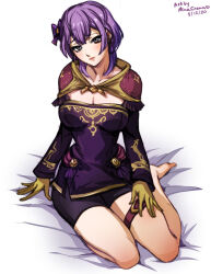 Rule 34 | 1girl, artist name, barefoot, bernadetta von varley, black eyes, black shorts, blush, bob cut, breasts, cleavage, closed mouth, commentary, dated, english commentary, fire emblem, fire emblem: three houses, gloves, hair between eyes, hair ribbon, head tilt, lips, long sleeves, medium breasts, mina cream, nintendo, pink lips, purple hair, purple ribbon, ribbon, short hair, shorts, sitting, solo, toes, white background, yellow gloves