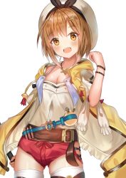 Rule 34 | 1girl, ame sagari, atelier (series), atelier ryza, atelier ryza 1, belt, belt buckle, black bow, black bracelet, blue belt, bow, breasts, brown belt, brown hair, buckle, cleavage, clenched hand, clothing cutout, commentary request, cowboy shot, cross hat ornament, cross print, crossed belts, frilled jacket, frills, hair bow, hair ornament, hairclip, hand up, hat, holding, holding weapon, jacket, jewelry, light blush, long sleeves, looking at viewer, necklace, open mouth, potion, red bow, red shorts, reisalin stout, shirt, short hair, short shorts, shorts, shoulder cutout, side slit, simple background, sleeveless, sleeveless jacket, small breasts, smile, solo, star (symbol), star necklace, tassel, teeth, thighhighs, two-sided fabric, two-sided jacket, upper teeth only, vial, weapon, white background, white hat, white jacket, white shirt, white thighhighs, yellow eyes, yellow jacket