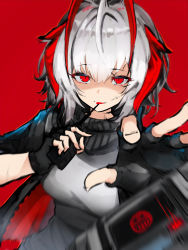 Rule 34 | 1girl, :p, absurdres, arknights, black gloves, black scarf, breasts, detonator, fingerless gloves, gloves, highres, holding, horns, looking at viewer, medium breasts, one-hour drawing challenge, red background, red eyes, scarf, short hair, simple background, smile, solo, tab head, tongue, tongue out, w (arknights), white hair