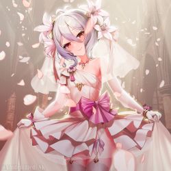 Rule 34 | 1girl, asymmetrical gloves, bangle, bare shoulders, bow, bracelet, bride, closed mouth, collarbone, commentary request, dress, elbow gloves, eyebrows hidden by hair, flower, garter belt, gloves, grey hair, hair between eyes, hair flower, hair ornament, head tilt, highres, indoors, jewelry, kokkoro (princess connect!), petals, pink bow, princess connect!, red eyes, see-through, single elbow glove, skirt hold, smile, solo, thighhighs, unidentified nk, veil, wedding dress, white dress, white flower, white gloves, white thighhighs
