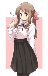 Rule 34 | 1girl, black pantyhose, black ribbon, black skirt, blush, bow, breasts, brown eyes, brown hair, buttons, collared shirt, commentary request, cowboy shot, frilled shirt, frills, hair bow, heart, high-waist skirt, index finger raised, large breasts, long hair, long sleeves, looking at viewer, matsumoto yoriko, mel (melty pot), meme attire, neck ribbon, outline, pantyhose, pink background, pink bow, ponytail, ribbon, shirt, sidelocks, simple background, skirt, smile, solo, standing, virgin killer outfit, white outline, white shirt, wing collar, yuyushiki