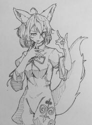 Rule 34 | 1girl, ahoge, animal ears, closed mouth, commentary, fox ears, fox girl, fox shadow puppet, fox tail, greyscale, hair between eyes, highres, jumpsuit, kanaria (bocmn), kudamaki tsukasa, looking at viewer, monochrome, one-hour drawing challenge, short hair, short sleeves, simple background, sketch, solo, tail, touhou, traditional media