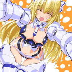 Rule 34 | 10s, 1girl, altrene, bad id, bad pixiv id, blonde hair, breasts, busou shinki, closed eyes, dd (ijigendd), doll joints, elbow gloves, gloves, happy, joints, large breasts, midriff, navel, open mouth, shiny skin, smile, solo, thigh gap, thighhighs, white thighhighs