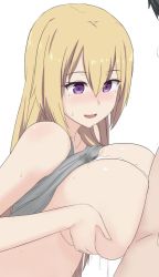 Rule 34 | 1boy, 1girl, blonde hair, blush, breasts, breasts squeezed together, clothed female nude male, clothes lift, collarbone, commentary, cum, cum on body, cum on breasts, cum on upper body, cumdrip, ejaculation, grey background, hair between eyes, hetero, jpeg artifacts, kawakami mai, large breasts, long hair, mole, mole under eye, musaigen no phantom world, naozuri, nude, open mouth, paizuri, purple eyes, shirt lift, simple background, smile, stained clothes, sweat, tank top, upper body