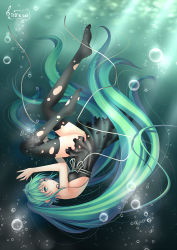 Rule 34 | 1girl, bad id, bad pixiv id, black thighhighs, green eyes, green hair, hatsune miku, legs, long hair, long legs, matching hair/eyes, solo, thighhighs, tidsean, torn clothes, torn thighhighs, twintails, very long hair, vocaloid