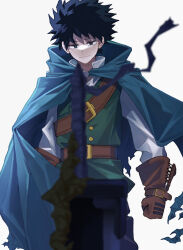 Rule 34 | 1boy, 2nd popularity poll (boku no hero academia), :|, alternate eye color, alternate hair color, alternate universe, arms at sides, belt, belt buckle, blue cape, blue eyes, blue hair, blurry, blurry foreground, boku no hero academia, bright pupils, brown belt, brown gloves, buckle, buttons, cape, clenched hand, closed mouth, colored eyelashes, cross-laced clothes, cross-laced gloves, floating cape, freckles, gloves, greatsword, green vest, high collar, highres, jewelry, long sleeves, looking at object, male focus, midoriya izuku, musou (asatomjj), narrowed eyes, official alternate costume, pants, shirt, short hair, shoulder belt, simple background, solo, sword, torn cape, torn clothes, upper body, vest, weapon, white background, white pupils, white shirt, wind, wrist belt