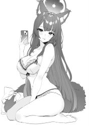 Rule 34 | 1girl, animal ears, barefoot, black hair, blue archive, bra, breasts, commentary, full body, greyscale, highres, holding, holding phone, jun project, large breasts, long hair, looking at viewer, monochrome, official alternate costume, panties, phone, seiza, simple background, sitting, solo, swimsuit, tongue, underwear, underwear only, wakamo (blue archive), white background