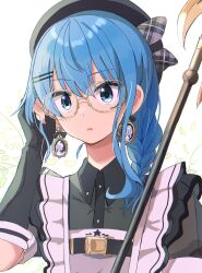 Rule 34 | 1girl, apron, bardiche (weapon), beret, black dress, black gloves, black hat, blue eyes, blue hair, blush, braid, chest belt, choppy bangs, commentary, dress, fingerless gloves, fingernails, frilled apron, frills, glasses, gloves, grey apron, hair ornament, hair over shoulder, hairclip, hat, highres, holding, holding weapon, hololive, hoshimachi suisei, hoshimachi suisei (maid), kaigaraori, long hair, medium hair, official alternate costume, official alternate hairstyle, parted lips, polearm, see-through, see-through sleeves, short sleeves, side braid, single braid, solo, star (symbol), star in eye, surprised, symbol in eye, tucking hair, virtual youtuber, weapon