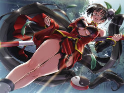 Rule 34 | 1girl, arc system works, artist request, black hair, blazblue, blazblue: calamity trigger, breasts, china dress, chinese clothes, cleavage, cleavage cutout, clothing cutout, dress, dutch angle, glasses, highres, lao jiu, large breasts, legs, litchi faye ling, long hair, panda, ponytail, red eyes, smile, solo, staff, underboob, very long hair