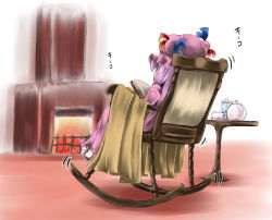 Rule 34 | 1girl, bad id, bad pixiv id, book, chair, female focus, fire, fireplace, hat, patchouli knowledge, purple hair, r0g0b0, rocking chair, slippers, socks, solo, touhou