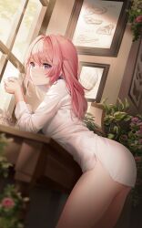 Rule 34 | 1girl, blush, breasts, closed mouth, coffee mug, cup, highres, long hair, long sleeves, looking at viewer, medium breasts, mug, original, picture frame, pink hair, plant, purple eyes, rimuu, smile, solo, thighs, window