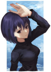 Rule 34 | 1girl, absurdres, arm up, black eyes, black hair, black sweater, blue sky, breasts, closed mouth, cloud, commentary, hair between eyes, highres, kuonji alice, lips, long sleeves, looking at viewer, mahou tsukai no yoru, medium breasts, outside border, pillarboxed, pink lips, shadow, short hair, sky, smile, solo, sweater, toomishou, turtleneck, turtleneck sweater