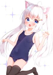 Rule 34 | 1girl, ahoge, animal ear fluff, animal ears, black thighhighs, blue eyes, blue one-piece swimsuit, blush, breasts, cat ears, cat girl, cat tail, commentary, covered navel, hair ornament, hairclip, highres, leg up, long hair, matchanear, no shoes, old school swimsuit, one-piece swimsuit, open mouth, original, school swimsuit, small breasts, smile, solo, standing, standing on one leg, swimsuit, tail, thighhighs, thighs, twintails, white hair