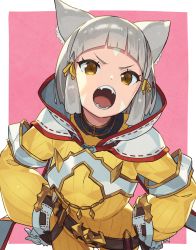 Rule 34 | 1girl, animal ears, blunt bangs, bodysuit, cat ears, commentary, facial mark, fangs, forehead mark, gloves, grey hair, hair ribbon, hands on own hips, kin niku, long sleeves, looking at viewer, nia (xenoblade), nintendo, open mouth, ribbon, short hair, simple background, solo, two-tone background, white gloves, xenoblade chronicles (series), xenoblade chronicles 2, yellow bodysuit, yellow eyes