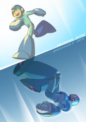 Rule 34 | 2boys, anniversary, artist name, clenched hands, copyright name, glowing, helmet, highres, mega man (character), mega man (classic), mega man (series), x (mega man), mega man x (series), multiple boys, open mouth, reflection, serious, smile, tomycase