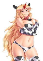 Rule 34 | &gt;:(, 1girl, animal costume, animal ears, animal print, bell, neck bell, blonde hair, blush, breasts, collar, covering privates, covering breasts, cow costume, cow ears, cow print, cowbell, fang, fang out, frown, highres, horns, hoshiguma yuugi, katwu (gensou ninja yashiki), large breasts, long hair, navel, oni, panties, red eyes, single horn, solo, thighhighs, touhou, underwear, v-shaped eyebrows, very long hair