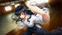 Rule 34 | 1girl, black hair, blue eyes, clenched hand, dolphin wave, dougi, feet out of frame, flat chest, foreshortening, game cg, hagane otsuki, hair between eyes, highres, indoors, japanese clothes, karate gi, long hair, martial arts, motion blur, official art, open clothes, open shirt, solo, tatami, wooden floor