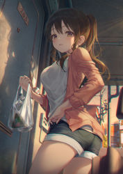 Rule 34 | 1girl, absurdres, ass, bag, black shorts, blurry, breasts, brown eyes, brown hair, brown jacket, chromatic aberration, commentary, cowboy shot, denim, denim shorts, depth of field, highres, holding, jacket, long hair, long sleeves, looking at viewer, looking back, medium breasts, open clothes, open jacket, original, parted lips, plastic bag, ponytail, r o ha, shirt, short shorts, shorts, sidelocks, solo, thighs, twisted torso, white shirt