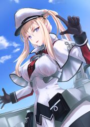 Rule 34 | 1girl, black gloves, blonde hair, blue eyes, blue sky, breasts, capelet, celtic knot, cloud, cross, gloves, graf zeppelin (kancolle), hair between eyes, hat, highres, iron cross, kantai collection, large breasts, long hair, looking at viewer, machinery, military uniform, necktie, peaked cap, red necktie, shirt, sidelocks, sky, solo, tsukasa (tukasa br), twintails, uniform, upper body, white capelet, white hat, white shirt