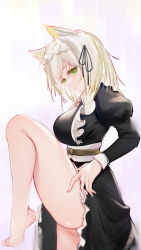 Rule 34 | 1girl, absurdres, alternate costume, animal ears, arknights, bare legs, barefoot, black dress, black ribbon, blurry, blush, breasts, cat ears, closed mouth, commentary, dated, depth of field, dress, enmaided, eyelashes, foot out of frame, frilled dress, frills, green eyes, green hair, grey background, hair ribbon, highres, juliet sleeves, kal&#039;tsit (arknights), large breasts, leg up, liu liaoliao, long sleeves, looking at viewer, maid, maid headdress, no panties, official alternate costume, puffy sleeves, ribbon, romaji commentary, short hair, signature, silver hair, simple background, solo, standing, standing on one leg, thighs, wing collar