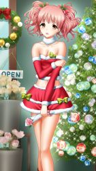 Rule 34 | 1girl, bare shoulders, bow, breasts, brown eyes, christmas, christmas tree, cleavage, collarbone, detached sleeves, doukyuusei another world, flower, fur-trimmed skirt, fur-trimmed sleeves, fur trim, game cg, hair bow, holding, holding flower, layered skirt, long hair, long sleeves, looking at viewer, midriff, miniskirt, navel, official art, open mouth, pink flower, pink hair, pink rose, red bow, red skirt, red sleeves, rose, skirt, small breasts, solo, standing, stomach, strapless, twintails