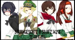 Rule 34 | 10s, 4girls, bad id, bad pixiv id, blush, bow, caesar (girls und panzer), capelet, erwin (girls und panzer), girls und panzer, glasses, google, hat, headband, jacket, long hair, matsumoto raria, military, military uniform, multiple girls, muneate, oryou (girls und panzer), outstretched arms, peaked cap, saemonza (girls und panzer), scarf, short hair, smile, spread arms, uniform, wink