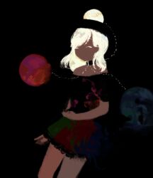 Rule 34 | 1girl, alternate hair color, black background, black choker, black shirt, choker, closed eyes, commentary request, cowboy shot, dark, glowing, glowing hair, hecatia lapislazuli, kaigen 1025, lace, lace-trimmed skirt, lace trim, miniskirt, multicolored clothes, multicolored skirt, no lineart, no mouth, no nose, off-shoulder shirt, off shoulder, shirt, short sleeves, simple background, skirt, touhou, white hair