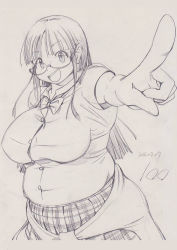 Rule 34 | 1girl, :d, big belly, bow, bowtie, breasts, buttons, clothes around waist, collared shirt, fat, female focus, foreshortening, glasses, kobayakawa horan, large breasts, long hair, looking at viewer, monochrome, muffin top, nekokami, open mouth, original, pointing, pointing at viewer, round teeth, shirt, short sleeves, skirt, smile, solo, sweater, sweater around waist, teeth, very long hair