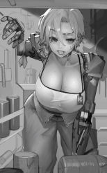 Rule 34 | 1girl, armband, breasts, cleavage, collar, collarbone, cyberpunk, cyborg, downblouse, eyebrow piercing, facial tattoo, facing viewer, greyscale, highres, hiragana oufu, hot, huge breasts, lip piercing, lips, mechanical arms, monochrome, name tag, original, pants, piercing, refrigerator, refrigerator interior, short hair, solo, spaghetti strap, sweat, tattoo, unfinished, very short hair