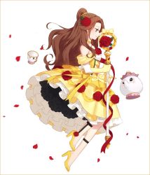 Rule 34 | 1girl, adapted costume, beauty and the beast, belle (disney), brown eyes, brown hair, chip potts, choker, disney, earrings, elbow gloves, flower, gloves, hair flower, hair ornament, hakusai (tiahszld), high heels, jewelry, long hair, magical girl, mother and son, mrs. potts, mrs potts, objectification, petals, red rose, ribbon, rose, rose petals, simple background, staff, white background