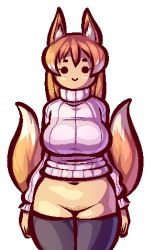 Rule 34 | 1girl, animal ears, black thighhighs, blonde hair, bottomless, breasts, cubesona, curvy, fox ears, fox tail, large breasts, long hair, lowres, multiple tails, naked sweater, navel, original, pubic stubble, ribbed sweater, smile, solo, sweater, tail, thighhighs, turtleneck