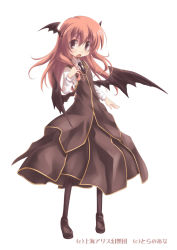 Rule 34 | &gt;:o, 1girl, :o, bat wings, black necktie, black pantyhose, blush, dress shirt, female focus, full body, head wings, koakuma, loafers, long hair, long sleeves, looking at viewer, low wings, necktie, nekoguruma, open mouth, pantyhose, red eyes, red hair, shirt, shoes, simple background, skirt, skirt set, solo, standing, touhou, v-shaped eyebrows, vest, white background, white shirt, wings