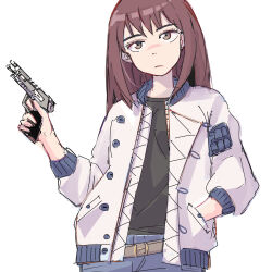 Rule 34 | 1girl, belt, black shirt, breasts, brown hair, closed mouth, commentary request, frown, gun, hand in pocket, highres, holding, holding gun, holding weapon, jacket, kiruko (tengoku daimakyou), long bangs, long hair, looking at viewer, medium breasts, polano engine, shirt, solo, tengoku daimakyou, weapon, white background