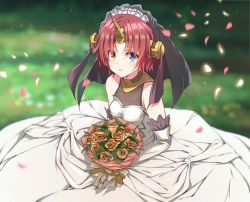 Rule 34 | 1girl, bare shoulders, bouquet, cleavage, fate/apocrypha, fate (series), flower, frankenstein&#039;s monster (fate), hair flower, hair ornament, heterochromia, looking at viewer, parted lips, petals, red hair, rose, see-through, see-through cleavage, short hair, sitting, solo, veil