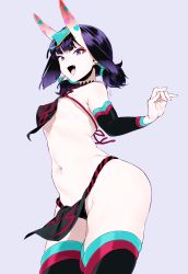 Rule 34 | 1girl, :d, breasts, chinese clothes, colorized, dudou, earrings, eyeliner, fangs, fate/grand order, fate (series), headpiece, heart, horns, jewelry, loincloth, makeup, military, military uniform, naval uniform, nipple slip, nipples, open mouth, panties, shiromako, short hair, shuten douji (fate), simple background, skin-covered horns, small breasts, smile, solo, standing, thick eyebrows, thighhighs, thighs, third-party edit, underwear, uniform